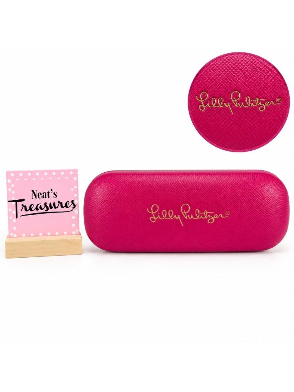 Lilly Pulitzer Hot Pink Blue Interior Hard Alligator Style Hinged Eye Glass Case